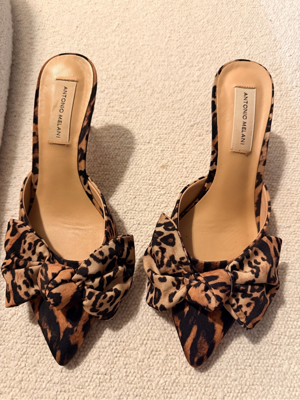 ANTONIO MELANI Leopard-Print Bow Pointed Mules in Brown and Black